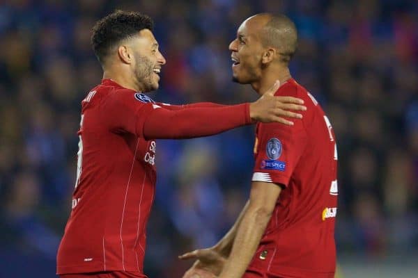 GENK, BELGIUM - Wednesday, October 23, 2019: Liverpool's Alex Oxlade-Chamberlain (L) celebrates scoring the first goal with team-mate Fabio Henrique Tavares 'Fabinho' during the UEFA Champions League Group E match between KRC Genk and Liverpool FC at the KRC Genk Arena. (Pic by David Rawcliffe/Propaganda)