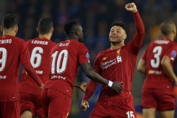 GENK, BELGIUM - Wednesday, October 23, 2019: Liverpool's Alex Oxlade-Chamberlain (L) celebrates scoring the first goal during the UEFA Champions League Group E match between KRC Genk and Liverpool FC at the KRC Genk Arena. (Pic by David Rawcliffe/Propaganda)