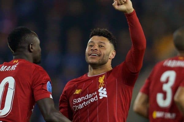 GENK, BELGIUM - Wednesday, October 23, 2019: Liverpool's Alex Oxlade-Chamberlain (L) celebrates scoring the first goal during the UEFA Champions League Group E match between KRC Genk and Liverpool FC at the KRC Genk Arena. (Pic by David Rawcliffe/Propaganda)