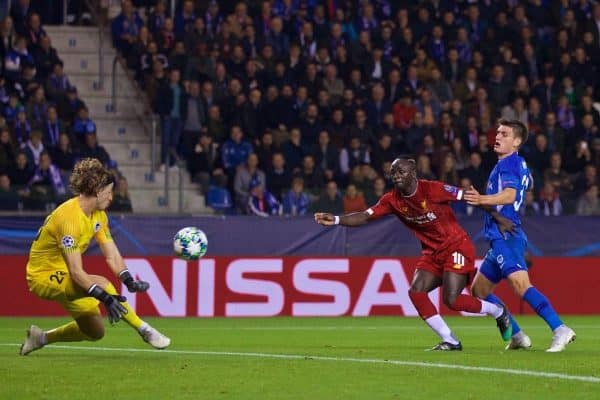 GENK, BELGIUM - Wednesday, October 23, 2019: Liverpool's Sadio Mane sees his shot saved by KRC Genk's goalkeeper Gaetan Coucke during the UEFA Champions League Group E match between KRC Genk and Liverpool FC at the KRC Genk Arena. (Pic by David Rawcliffe/Propaganda)