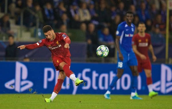 GENK, BELGIUM - Wednesday, October 23, 2019: Liverpool's Alex Oxlade-Chamberlain during the UEFA Champions League Group E match between KRC Genk and Liverpool FC at the KRC Genk Arena. (Pic by David Rawcliffe/Propaganda)