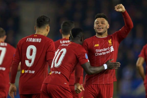 GENK, BELGIUM - Wednesday, October 23, 2019: Liverpool's Alex Oxlade-Chamberlain celebrates scoring the first goal during the UEFA Champions League Group E match between KRC Genk and Liverpool FC at the KRC Genk Arena. (Pic by David Rawcliffe/Propaganda)