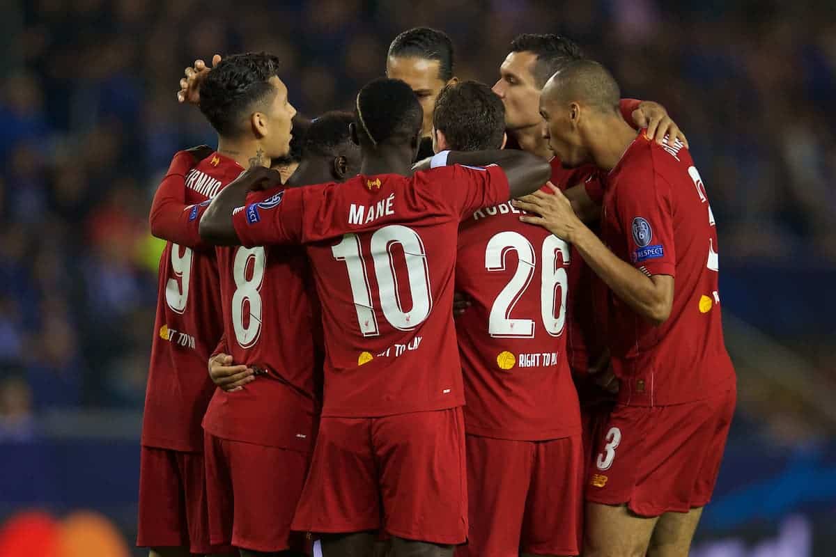 GENK, BELGIUM - Wednesday, October 23, 2019: Liverpool players celebrate with Alex Oxlade-Chamberlain after he scored the opening goal during the UEFA Champions League Group E match between KRC Genk and Liverpool FC at the KRC Genk Arena. (Pic by David Rawcliffe/Propaganda)