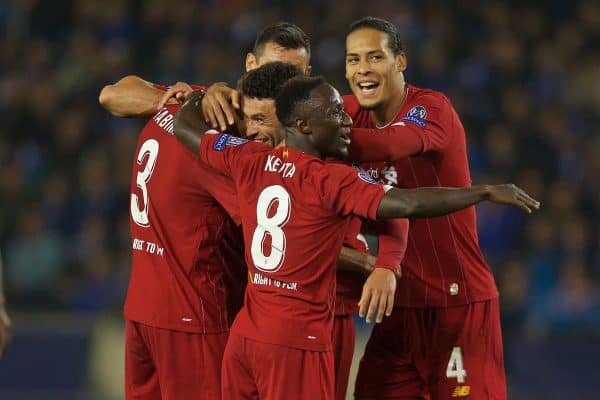 GENK, BELGIUM - Wednesday, October 23, 2019: Liverpool's Alex Oxlade-Chamberlain celebrates scoring the second goal with team-mates during the UEFA Champions League Group E match between KRC Genk and Liverpool FC at the KRC Genk Arena. (Pic by David Rawcliffe/Propaganda)