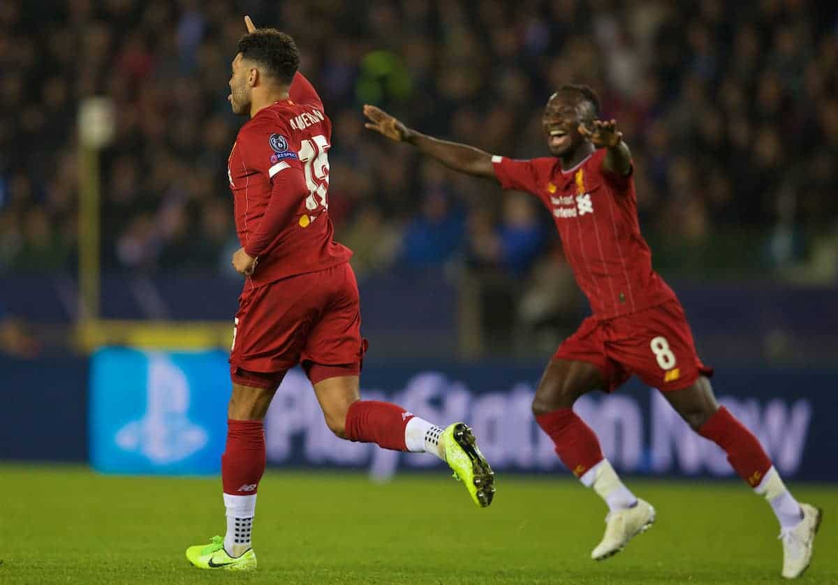 GENK, BELGIUM - Wednesday, October 23, 2019: Liverpool's Alex Oxlade-Chamberlain celebrates scoring the second goal during the UEFA Champions League Group E match between KRC Genk and Liverpool FC at the KRC Genk Arena. (Pic by David Rawcliffe/Propaganda)