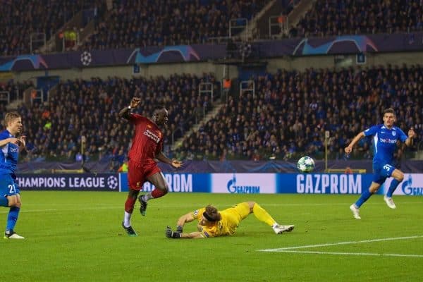 GENK, BELGIUM - Wednesday, October 23, 2019: Liverpool's Sadio Mane scores the third goal during the UEFA Champions League Group E match between KRC Genk and Liverpool FC at the KRC Genk Arena. (Pic by David Rawcliffe/Propaganda)