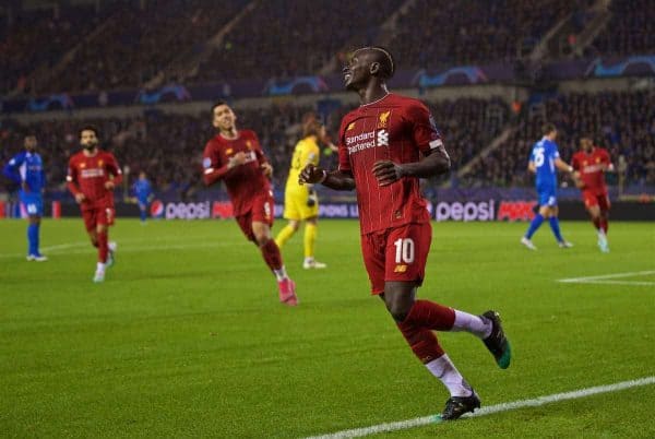 GENK, BELGIUM - Wednesday, October 23, 2019: Liverpool's Sadio Mane celebrates scoring the third goal during the UEFA Champions League Group E match between KRC Genk and Liverpool FC at the KRC Genk Arena. (Pic by David Rawcliffe/Propaganda)