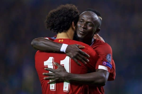 GENK, BELGIUM - Wednesday, October 23, 2019: Liverpool's Mohamed Salah (L) celebrates scoring the fourth goal with team-mate Sadio Mane during the UEFA Champions League Group E match between KRC Genk and Liverpool FC at the KRC Genk Arena. (Pic by David Rawcliffe/Propaganda)