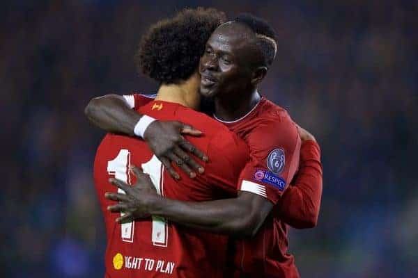 GENK, BELGIUM - Wednesday, October 23, 2019: Liverpool's Mohamed Salah (L) celebrates scoring the fourth goal with team-mate Sadio Mane during the UEFA Champions League Group E match between KRC Genk and Liverpool FC at the KRC Genk Arena. (Pic by David Rawcliffe/Propaganda)