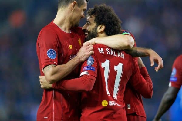 GENK, BELGIUM - Wednesday, October 23, 2019: Liverpool's Mohamed Salah (R) celebrates scoring the fourth goal with team-mate Dejan Lovren during the UEFA Champions League Group E match between KRC Genk and Liverpool FC at the KRC Genk Arena. (Pic by David Rawcliffe/Propaganda)