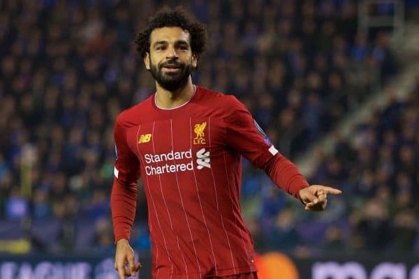 GENK, BELGIUM - Wednesday, October 23, 2019: Liverpool's Mohamed Salah celebrates scoring the fourth goal during the UEFA Champions League Group E match between KRC Genk and Liverpool FC at the KRC Genk Arena. (Pic by David Rawcliffe/Propaganda)