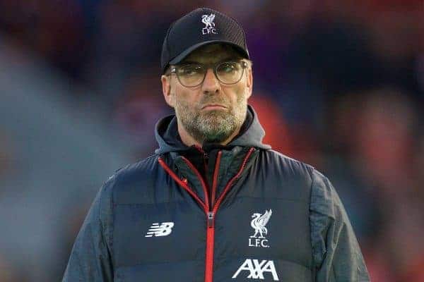 LIVERPOOL, ENGLAND - Sunday, October 27, 2019: Liverpool's manager Jürgen Klopp during the pre-match warm-up before the FA Premier League match between Liverpool FC and Tottenham Hotspur FC at Anfield. (Pic by David Rawcliffe/Propaganda)