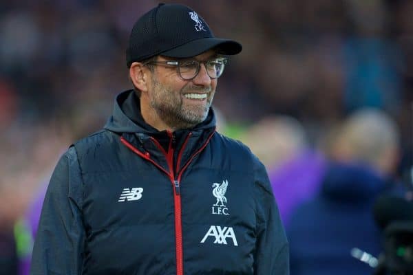 LIVERPOOL, ENGLAND - Sunday, October 27, 2019: Liverpool's manager Jürgen Klopp before the FA Premier League match between Liverpool FC and Tottenham Hotspur FC at Anfield. (Pic by David Rawcliffe/Propaganda)