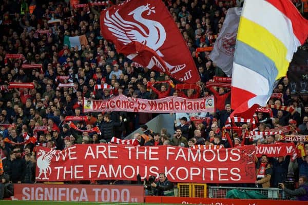 LIVERPOOL, ENGLAND - Sunday, October 27, 2019: Liverpool supporters' banners on the Spion Kop during the FA Premier League match between Liverpool FC and Tottenham Hotspur FC at Anfield. (Pic by David Rawcliffe/Propaganda)