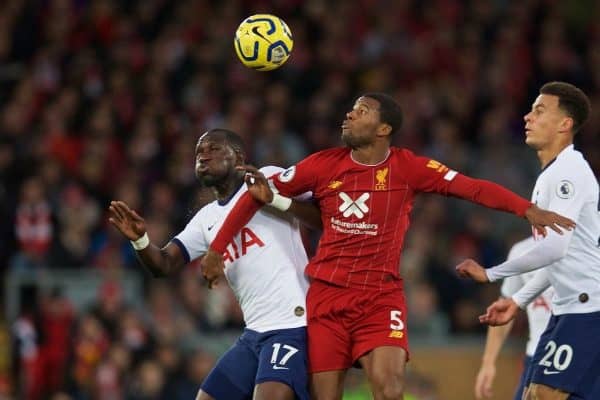 LIVERPOOL, ENGLAND - Sunday, October 27, 2019: Tottenham Hotspur's Moussa Sissoko (L) challenges Liverpool's Georginio Wijnaldum during the FA Premier League match between Liverpool FC and Tottenham Hotspur FC at Anfield. (Pic by David Rawcliffe/Propaganda)