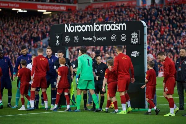 LIVERPOOL, ENGLAND - Sunday, October 27, 2019: Liverpool and Tottenham Hotspur players shake hands in front of a No Room For Racism archway during the FA Premier League match between Liverpool FC and Tottenham Hotspur FC at Anfield. (Pic by David Rawcliffe/Propaganda)