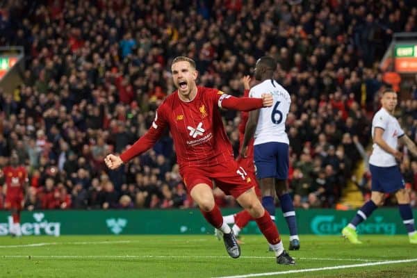 LIVERPOOL, ENGLAND - Sunday, October 27, 2019: Liverpool's captain Jordan Henderson celebrates scoring the first goal to equalise the score at 1-1 during the FA Premier League match between Liverpool FC and Tottenham Hotspur FC at Anfield. (Pic by David Rawcliffe/Propaganda)