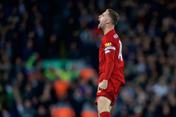 LIVERPOOL, ENGLAND - Sunday, October 27, 2019: Liverpool's captain Jordan Henderson celebrates scoring the first goal to equalise the score at 1-1 during the FA Premier League match between Liverpool FC and Tottenham Hotspur FC at Anfield. (Pic by David Rawcliffe/Propaganda)