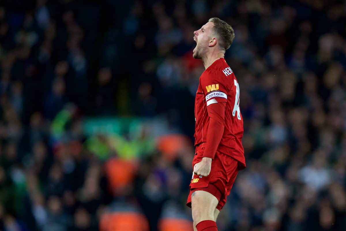 LIVERPOOL, ENGLAND - Sunday, October 27, 2019: Liverpool's captain Jordan Henderson celebrates scoring the first goal to equalise the score at 1-1 during the FA Premier League match between Liverpool FC and Tottenham Hotspur FC at Anfield. (Pic by David Rawcliffe/Propaganda)