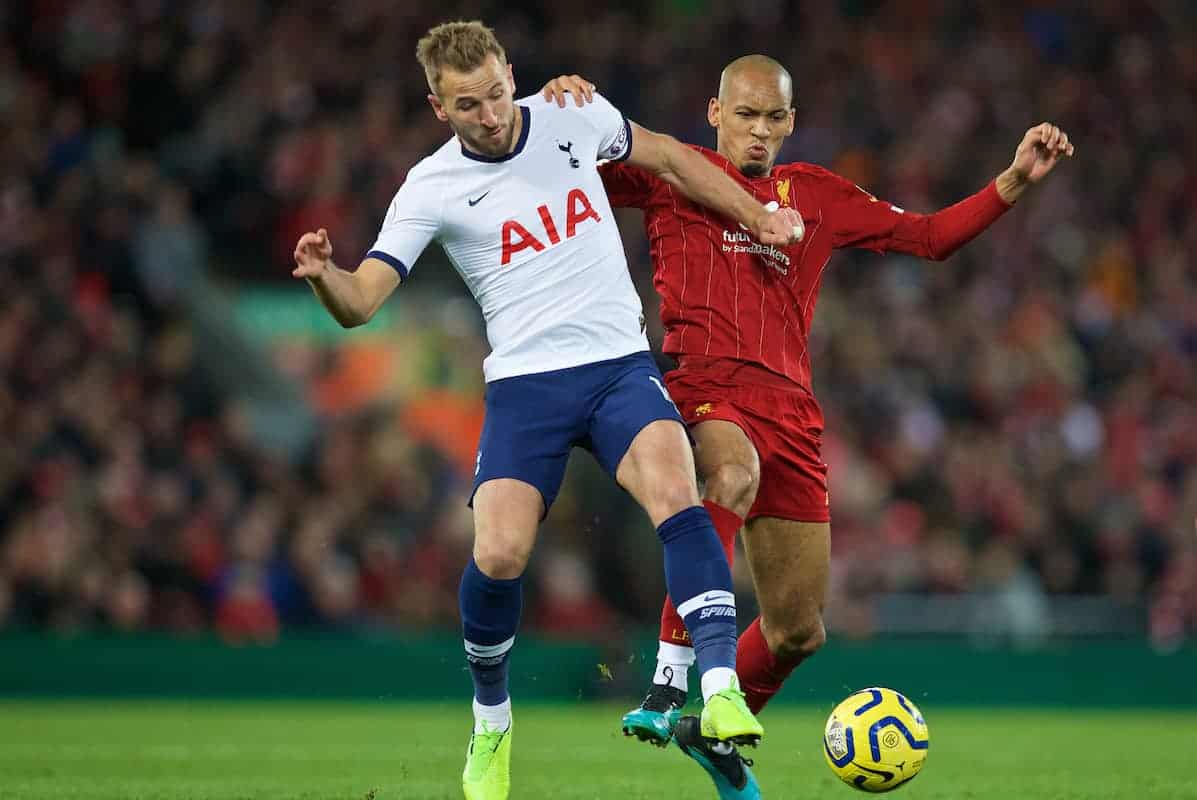 LIVERPOOL, ENGLAND - Sunday, October 27, 2019: Tottenham Hotspur's Harry Kane (L) and Liverpool's Fabio Henrique Tavares 'Fabinho' during the FA Premier League match between Liverpool FC and Tottenham Hotspur FC at Anfield. (Pic by David Rawcliffe/Propaganda)