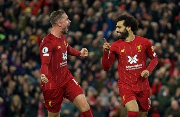 LIVERPOOL, ENGLAND - Sunday, October 27, 2019: Liverpool's Mohamed Salah (R) celebrates scoring the second goal, from a penalty kick, with team-mate captain Jordan Henderson during the FA Premier League match between Liverpool FC and Tottenham Hotspur FC at Anfield. (Pic by David Rawcliffe/Propaganda)