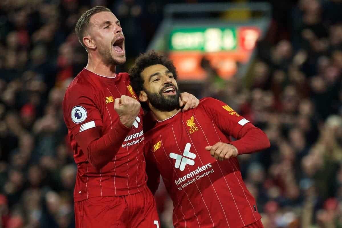 LIVERPOOL, ENGLAND - Sunday, October 27, 2019: Liverpool's Mohamed Salah (R) celebrates scoring the second goal, from a penalty kick, with team-mate captain Jordan Henderson during the FA Premier League match between Liverpool FC and Tottenham Hotspur FC at Anfield. (Pic by David Rawcliffe/Propaganda)