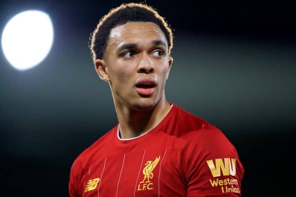 LIVERPOOL, ENGLAND - Sunday, October 27, 2019: Liverpool's Trent Alexander-Arnold during the FA Premier League match between Liverpool FC and Tottenham Hotspur FC at Anfield. (Pic by David Rawcliffe/Propaganda)