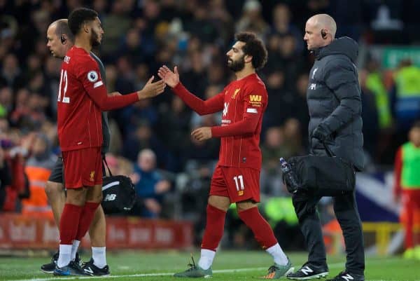 LIVERPOOL, ENGLAND - Sunday, October 27, 2019: Liverpool's Mohamed Salah is substituted for Joe Gomez as he is forced out with an injury during the FA Premier League match between Liverpool FC and Tottenham Hotspur FC at Anfield. (Pic by David Rawcliffe/Propaganda)