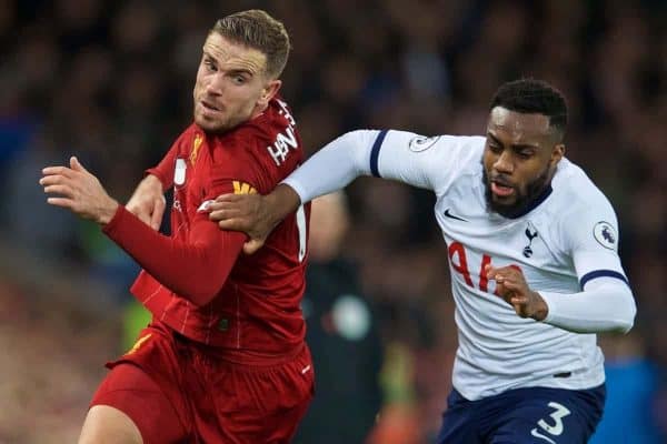 LIVERPOOL, ENGLAND - Sunday, October 27, 2019: Liverpool's captain Jordan Henderson (L) and Tottenham Hotspur's Danny Rose during the FA Premier League match between Liverpool FC and Tottenham Hotspur FC at Anfield. (Pic by David Rawcliffe/Propaganda)