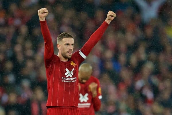 LIVERPOOL, ENGLAND - Sunday, October 27, 2019: Liverpool's captain Jordan Henderson celebrates at the final whistle during the FA Premier League match between Liverpool FC and Tottenham Hotspur FC at Anfield. Liverpool won 2-1. (Pic by David Rawcliffe/Propaganda)