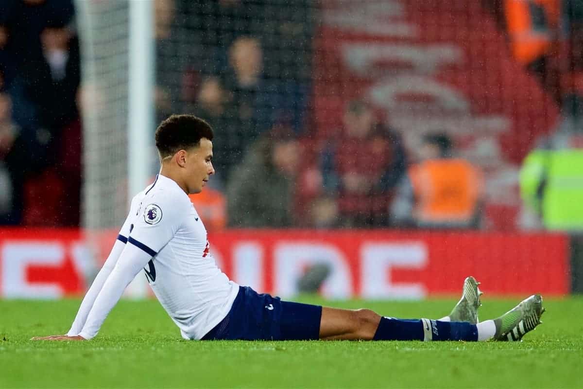 LIVERPOOL, ENGLAND - Sunday, October 27, 2019: Tottenham Hotspur's Dele Alli looks dejected at the final whistle during the FA Premier League match between Liverpool FC and Tottenham Hotspur FC at Anfield. Liverpool won 2-1. (Pic by David Rawcliffe/Propaganda)