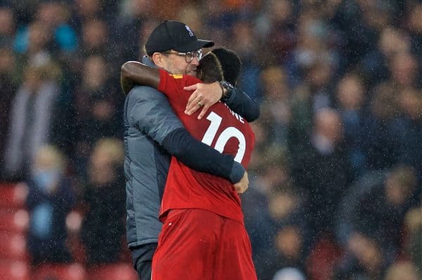 LIVERPOOL, ENGLAND - Sunday, October 27, 2019: Liverpool's manager Jürgen Klopp (L) celebrates with Sadio Mané at the final whistle during the FA Premier League match between Liverpool FC and Tottenham Hotspur FC at Anfield. Liverpool won 2-1. (Pic by David Rawcliffe/Propaganda)