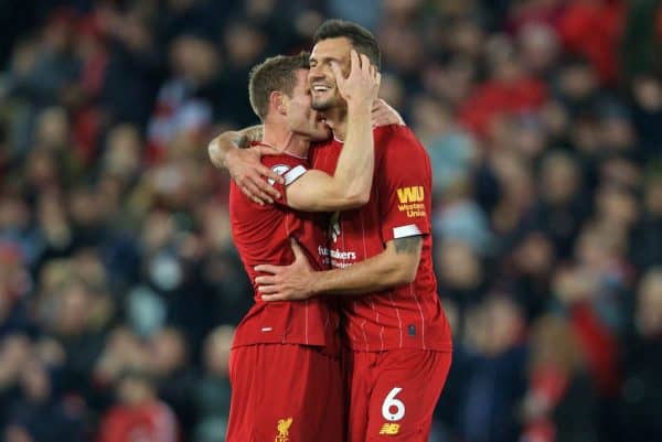 LIVERPOOL, ENGLAND - Sunday, October 27, 2019: Liverpool's James Milner (L) celebrates with Dejan Lovren at the final whistle during the FA Premier League match between Liverpool FC and Tottenham Hotspur FC at Anfield. Liverpool won 2-1. (Pic by David Rawcliffe/Propaganda)