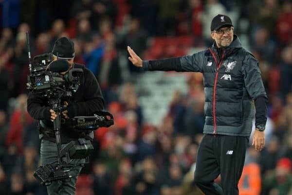 LIVERPOOL, ENGLAND - Sunday, October 27, 2019: Liverpool's manager Jürgen Klopp refuses to celebrate in front of the annoying Steady Cam at the final whistle during the FA Premier League match between Liverpool FC and Tottenham Hotspur FC at Anfield. Liverpool won 2-1. (Pic by David Rawcliffe/Propaganda)