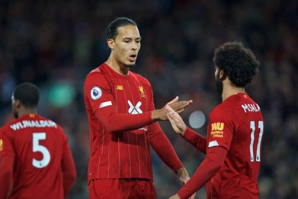 LIVERPOOL, ENGLAND - Sunday, October 27, 2019: Liverpool's Mohamed Salah (R) celebrates with team-mate Virgil van Dijk (L) after scoring the winning second goal from a penalty kick during the FA Premier League match between Liverpool FC and Tottenham Hotspur FC at Anfield. Liverpool won 2-1. (Pic by David Rawcliffe/Propaganda)