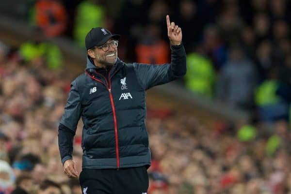 LIVERPOOL, ENGLAND - Sunday, October 27, 2019: Liverpool's manager Jürgen Klopp points to the sky during the FA Premier League match between Liverpool FC and Tottenham Hotspur FC at Anfield. (Pic by David Rawcliffe/Propaganda)