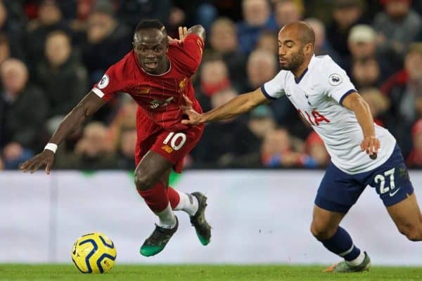 LIVERPOOL, ENGLAND - Sunday, October 27, 2019: Liverpool's Sadio Mané (L) and Tottenham Hotspur's Lucas Moura during the FA Premier League match between Liverpool FC and Tottenham Hotspur FC at Anfield. (Pic by David Rawcliffe/Propaganda)