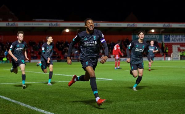 ACCRINGTON, ENGLAND - Tuesday, October 29, 2019: Liverpool's Elijah Dixon-Bonner celebrates scoring the first goal during the English Football League Trophy Northern Group B match between Accrington Stanley and Liverpool FC at the Crown Ground. (Pic by David Rawcliffe/Propaganda)