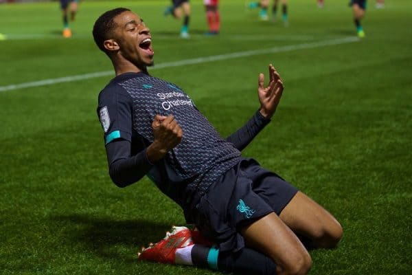 ACCRINGTON, ENGLAND - Tuesday, October 29, 2019: Liverpool's Elijah Dixon-Bonner celebrates scoring the first goal during the English Football League Trophy Northern Group B match between Accrington Stanley and Liverpool FC at the Crown Ground. (Pic by David Rawcliffe/Propaganda)