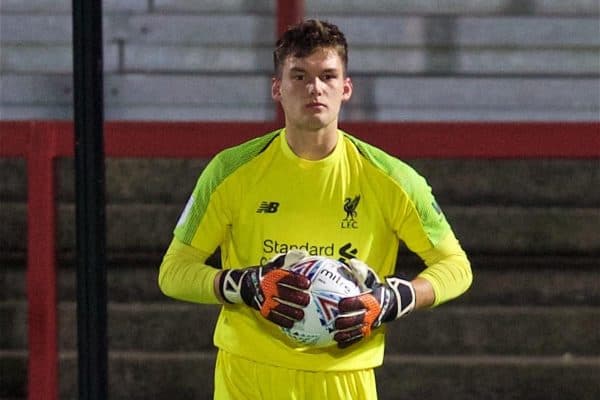 ACCRINGTON, ENGLAND - Tuesday, October 29, 2019: Liverpool's goalkeeper Ben Winterbottom during the English Football League Trophy Northern Group B match between Accrington Stanley and Liverpool FC at the Crown Ground. (Pic by David Rawcliffe/Propaganda)