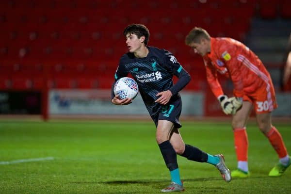 ACCRINGTON, ENGLAND - Tuesday, October 29, 2019: Liverpool's Layton Stewart carries the ball back after scores the second goal, to make the score 5-2, during the English Football League Trophy Northern Group B match between Accrington Stanley and Liverpool FC at the Crown Ground. (Pic by David Rawcliffe/Propaganda)