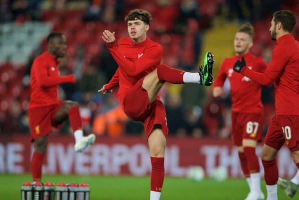 LIVERPOOL, ENGLAND - Wednesday, October 30, 2019: Liverpool's Neco Williams during the pre-match warm-up before the Football League Cup 4th Round match between Liverpool FC and Arsenal FC at Anfield. (Pic by David Rawcliffe/Propaganda)