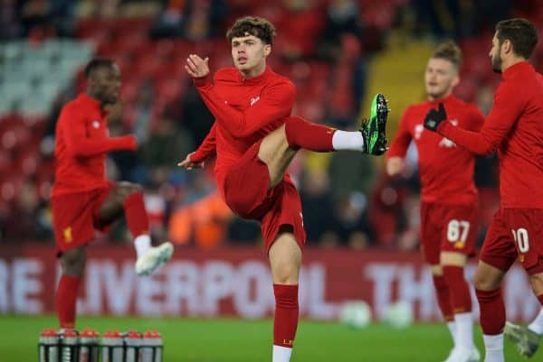 LIVERPOOL, ENGLAND - Wednesday, October 30, 2019: Liverpool's Neco Williams during the pre-match warm-up before the Football League Cup 4th Round match between Liverpool FC and Arsenal FC at Anfield. (Pic by David Rawcliffe/Propaganda)