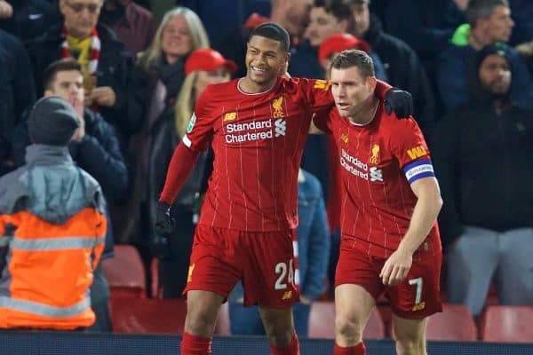 LIVERPOOL, ENGLAND - Wednesday, October 30, 2019: Liverpool's Rhian Brewster (L) and James Milner celebrate as an own goal give their side a 1-0 lead during the Football League Cup 4th Round match between Liverpool FC and Arsenal FC at Anfield. (Pic by David Rawcliffe/Propaganda)