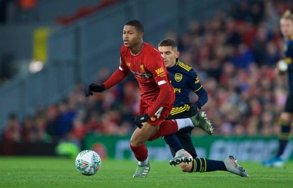 LIVERPOOL, ENGLAND - Wednesday, October 30, 2019: Liverpool's Rhian Brewster is fouled by Arsenal's Lucas Torreira during the Football League Cup 4th Round match between Liverpool FC and Arsenal FC at Anfield. (Pic by David Rawcliffe/Propaganda)