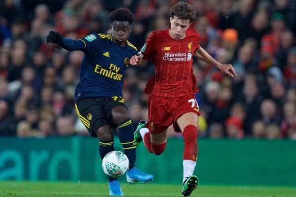 LIVERPOOL, ENGLAND - Wednesday, October 30, 2019: Arsenal's Bukayo Saka(L) and Liverpool's Neco Williams during the Football League Cup 4th Round match between Liverpool FC and Arsenal FC at Anfield. (Pic by David Rawcliffe/Propaganda)