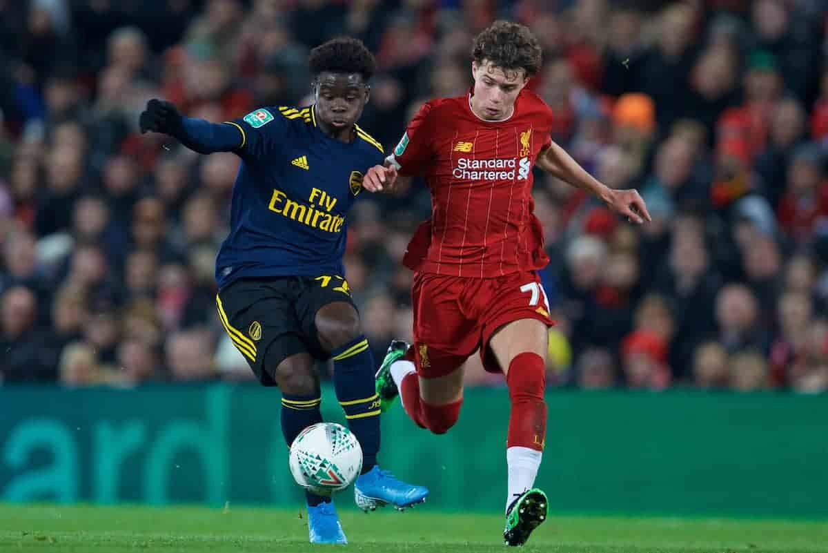 LIVERPOOL, ENGLAND - Wednesday, October 30, 2019: Arsenal's Bukayo Saka(L) and Liverpool's Neco Williams during the Football League Cup 4th Round match between Liverpool FC and Arsenal FC at Anfield. (Pic by David Rawcliffe/Propaganda)