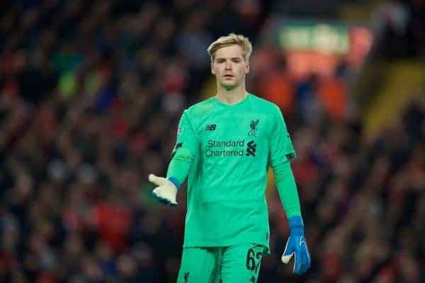 LIVERPOOL, ENGLAND - Wednesday, October 30, 2019: Liverpool's goalkeeper Caoimhin Kelleher during the Football League Cup 4th Round match between Liverpool FC and Arsenal FC at Anfield. (Pic by David Rawcliffe/Propaganda)