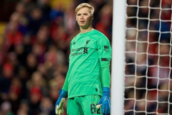 LIVERPOOL, ENGLAND - Wednesday, October 30, 2019: Liverpool's goalkeeper Caoimhin Kelleher during the Football League Cup 4th Round match between Liverpool FC and Arsenal FC at Anfield. (Pic by David Rawcliffe/Propaganda)