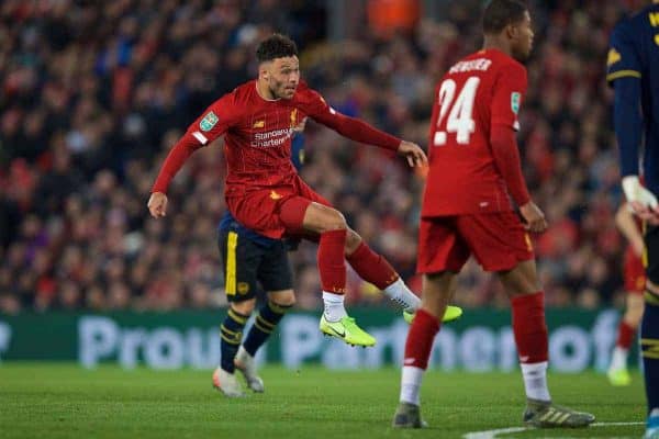 LIVERPOOL, ENGLAND - Wednesday, October 30, 2019: Liverpool's Alex Oxlade-Chamberlain scores the third goal during the Football League Cup 4th Round match between Liverpool FC and Arsenal FC at Anfield. (Pic by David Rawcliffe/Propaganda)